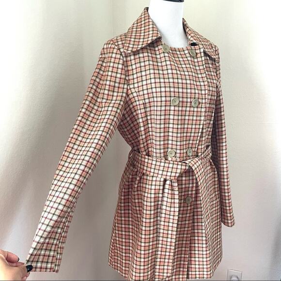 1970s UK-Inspired Plaid Trench Coat & Flounce Skirt Set Belted 2-Piece Gingham - Picture 14 of 16